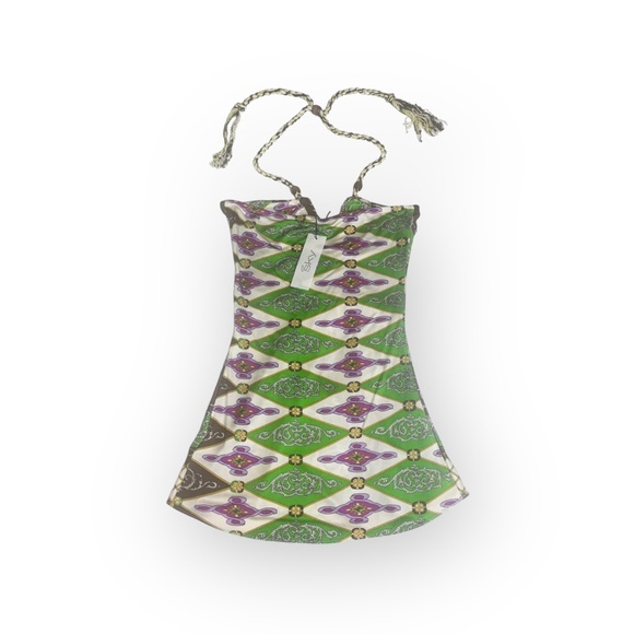 aso TV’s 90210 ✦ Sky ✦ Jeweled Neck Bold Print Silk Halter Top ✦ Braided Straps - Picture 3 of 16